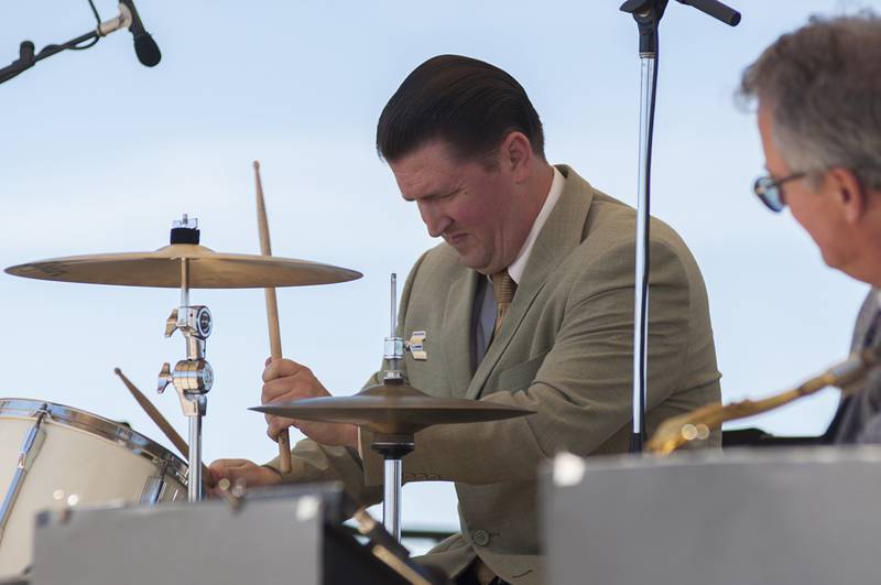 Drummer Josh Duffee lights it up on the drum set while playing Louie Bellson’s most famous song “Skin Deep” Saturday, June 18, 2022 during Rock Falls tourism’s Bellson Music Fest. The first time music fest showcased four bands that played at RB&W Park for most of the evening.