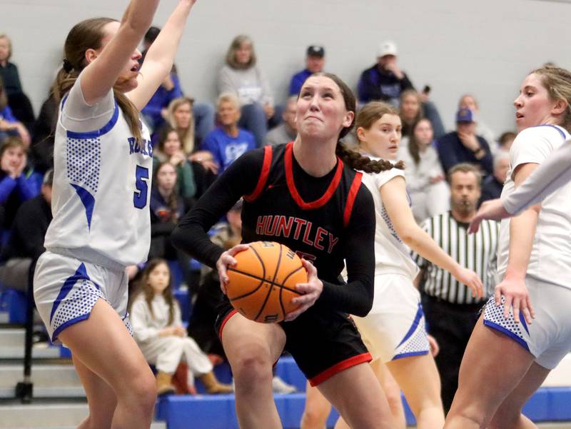 Huntley’s Evie Freundt heads for the hoop in varsity girls basketball on Monday, Feb. 9, 2026, at Central High School in Burlington.