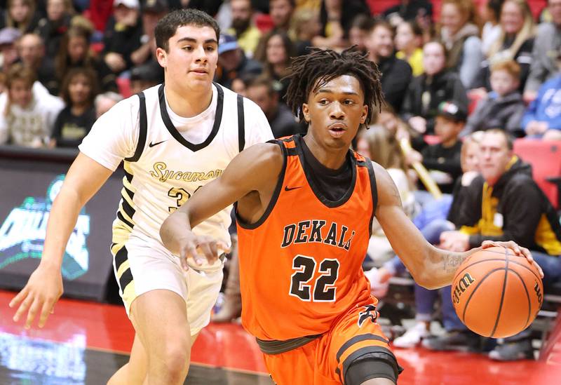 DeKalb's Darrell Island drives past Sycamore's Diego Garcia during the First National Challenge Friday, Jan. 27, 2023, at The Convocation Center on the campus of Northern Illinois University in DeKalb.