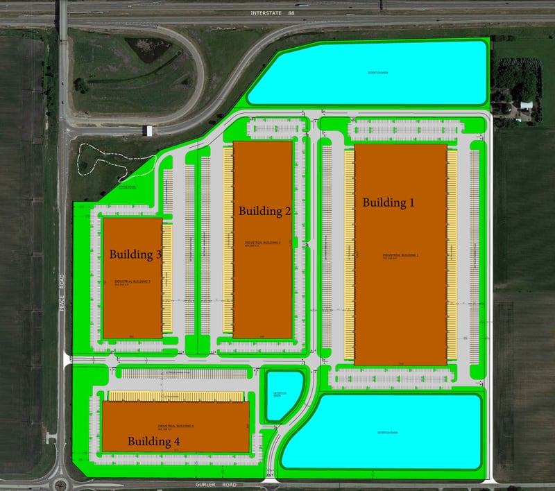 A 130-acre site at Peace and Gurler Roads in southern unincorporated DeKalb is under consideration for annexation and development in the city. Owned by the Goldin family, the site would accommodate four industrial buildings for future use. The city will review the plans Sept. 5, 2023. (Concept plan published by the city of DeKalb Aug. 31, 2023 and provided by RWG Engineering and Goldin Farm Development.)
