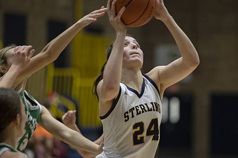Sterling’s Madison Austin puts up a shot against Geneseo Thursday, Dec. 7, 2023 at Sterling High School.