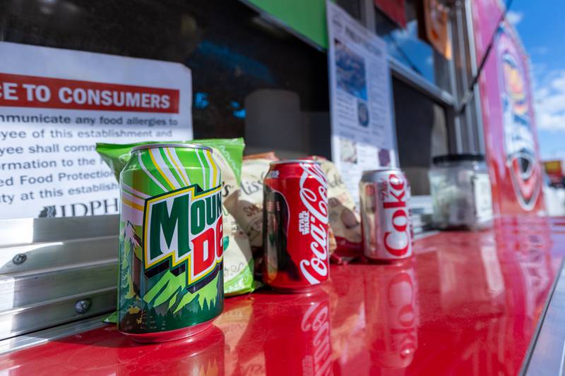 Canned sodas are displayed for sale at the Food Truck Monday Mania on Monday, Aug 25, 2025 on Illinois Avenue in Mendota.