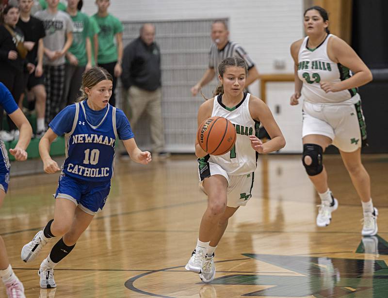 Rock Falls’ Elizabeth Lombardo brings the ball up court against Newman Thursday, Nov. 16, 2023.