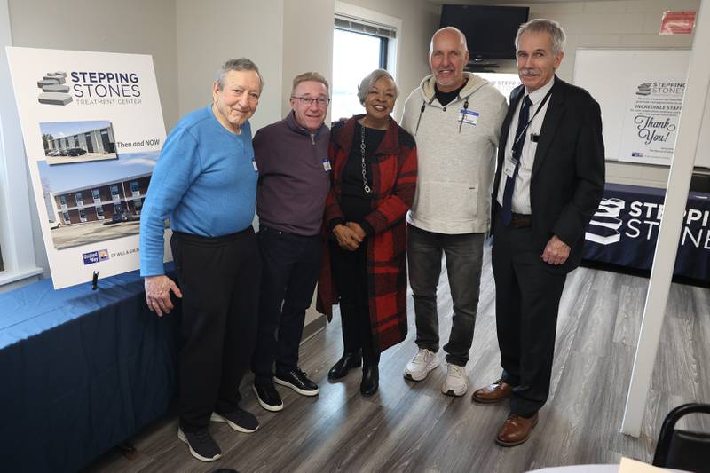 Stepping Stones Executive Director Paul Lauridsen, right to left, stands with boardmembes Bob Morris, Billie Terrell, Glen Conklin and Ray Monore at the newly remodeled Stepping Stones residential treatment facility on Thursday, Feb. 22nd, 2024 in Joliet.