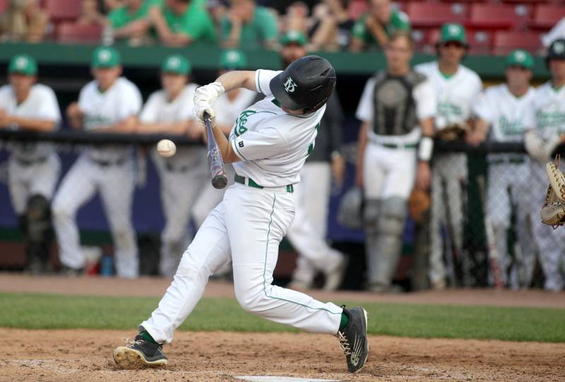 York’s Jack Braun gets a 2-run single in the fifth inning during the Class 4A Kane County Supersectional against Hononegah at Northwestern Medicine Field in Geneva on Monday, June 5, 2023.