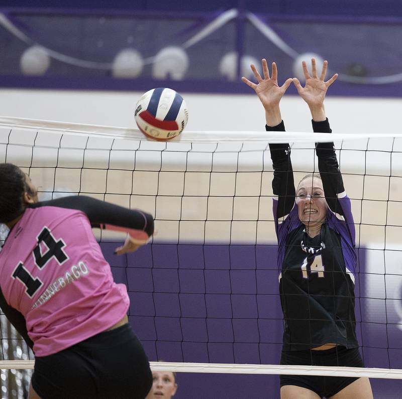 Dixon’s Leah Carlson works the net against Winnebago Tuesday, Oct. 22, 2024, in Dixon.