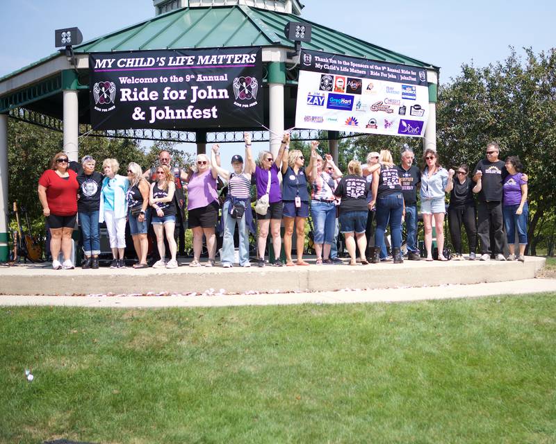 Families who have lost loved ones to  fentanyl poisoning stand up together s at the  9th Annual Ride for John and JohnFest for my child's life matters on Saturday Aug.2, 2025 in Carol Stream.