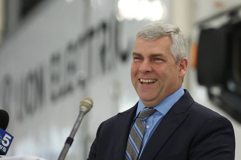 Joliet Mayor Bob O’Dekirk speaks during a press conference and interactive tour of the Lion Electric vehicle manufacturing facility. Monday, Mar. 21, 2022, in Joliet.