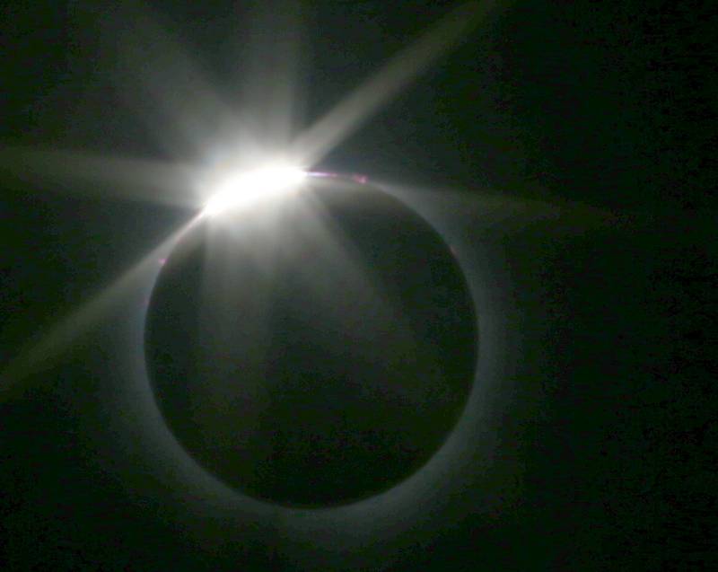 A "diamond ring" effect of the total solar eclipse on Monday, April 8, 2024 at Rend Lake. The diamond ring effect occurs just as the last bit of exposed Sun is extinguished before totality and also at the moment when totality ends and the Sun reappears.