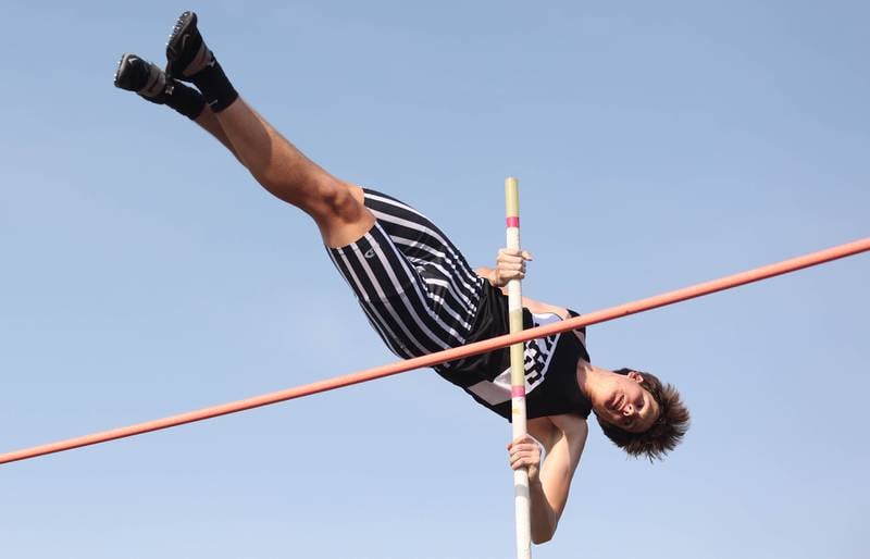 Kaneland's Ethan Stoker competes in the pole vault Friday, May 13, 2022, during the Interstate 8 Conference Championship meet at Sycamore High School.