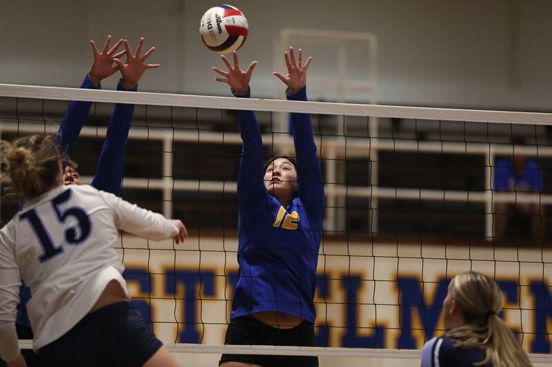 Joliet Central’s Jasmin Banuelos goes for the block against Plainfield South on Thursday, Sept. 7, 2023 in Joliet.