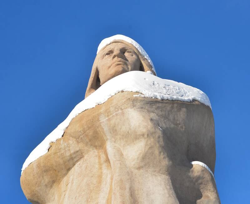 Snow covers the arms and head of the Black Hawk Statue at Lowden State Park on Sunday, Jan. 14, 2024 as temperatures plunged below zero Saturday night and remained through the day. The frigid weather followed a winter storm on Friday that deposited 10-13 inches across the region.