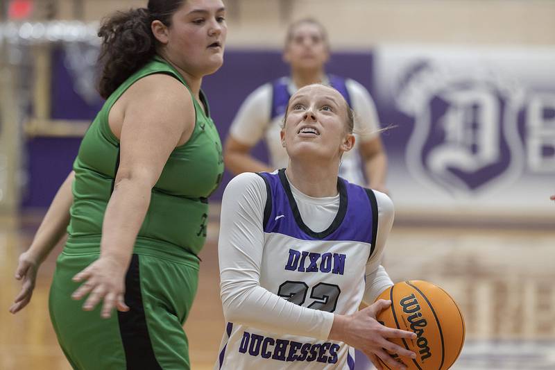 Dixon's Makenzie Toms looks to the hoop against Rock Falls Friday, Jan. 31, 2025, at Dixon High School.