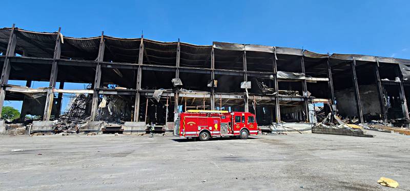 In its first response after arriving in Odessa, the Sterling fire engine arrives at the scene of a missile strike that decimated a building. Other crews battled a fire there the day before, but then the flames rekindled and flared up the next day, and the engine was called into action.