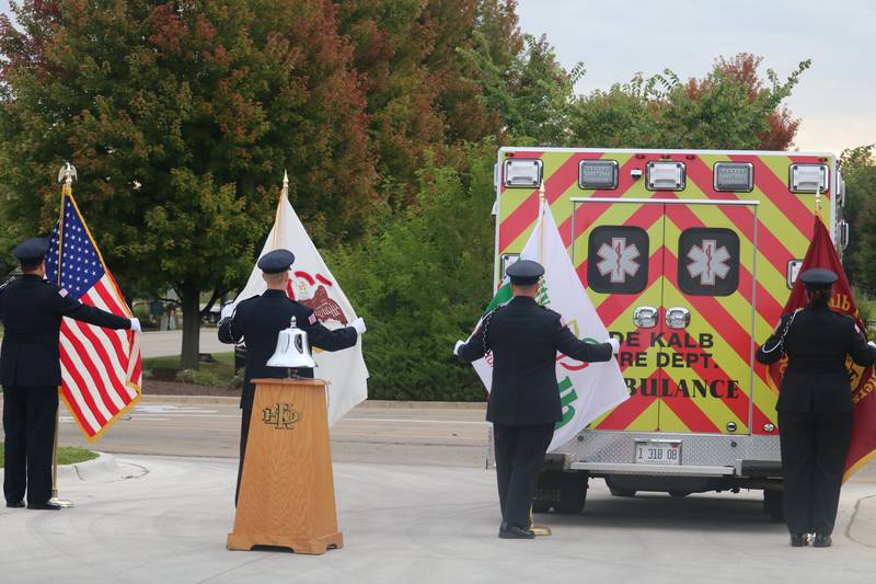 Members of the honor guard mount flags Thursday, Sept. 11, 2025, during the DeKalb Fire Department's annual Patriot Day Ceremony.