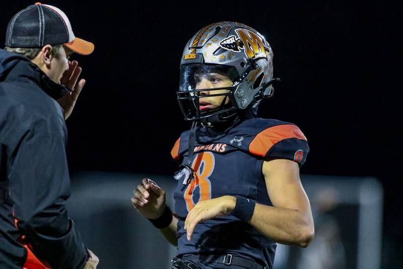 Minooka's Kameron Hopkins (8) gets the play during football game between Plainfield North at Minooka.   Oct 6, 2023.