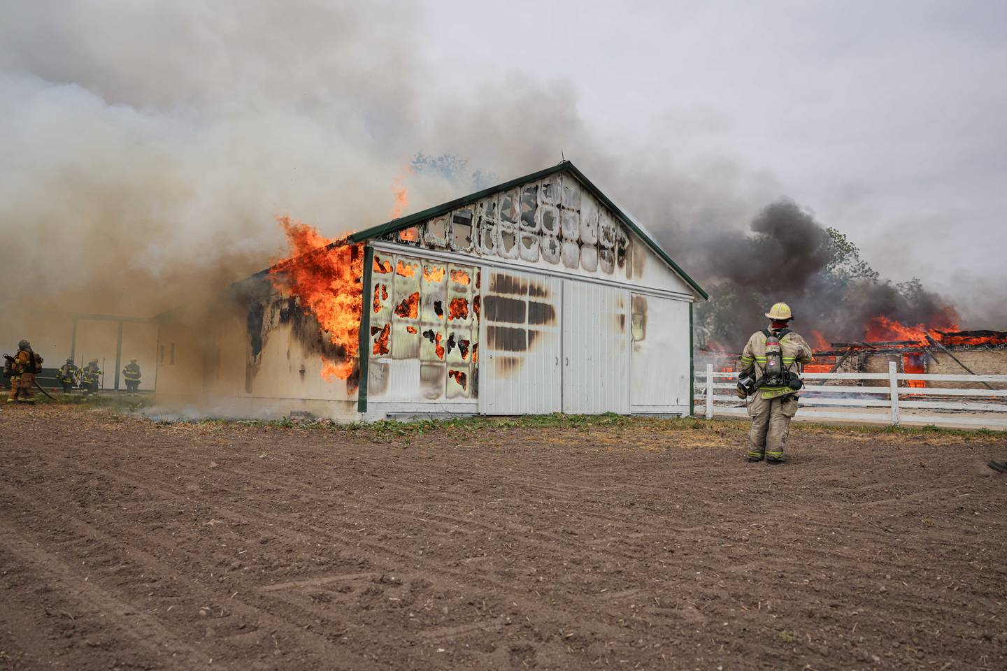A barn was consumed by fire near Huntley Friday, May 22, 2026.