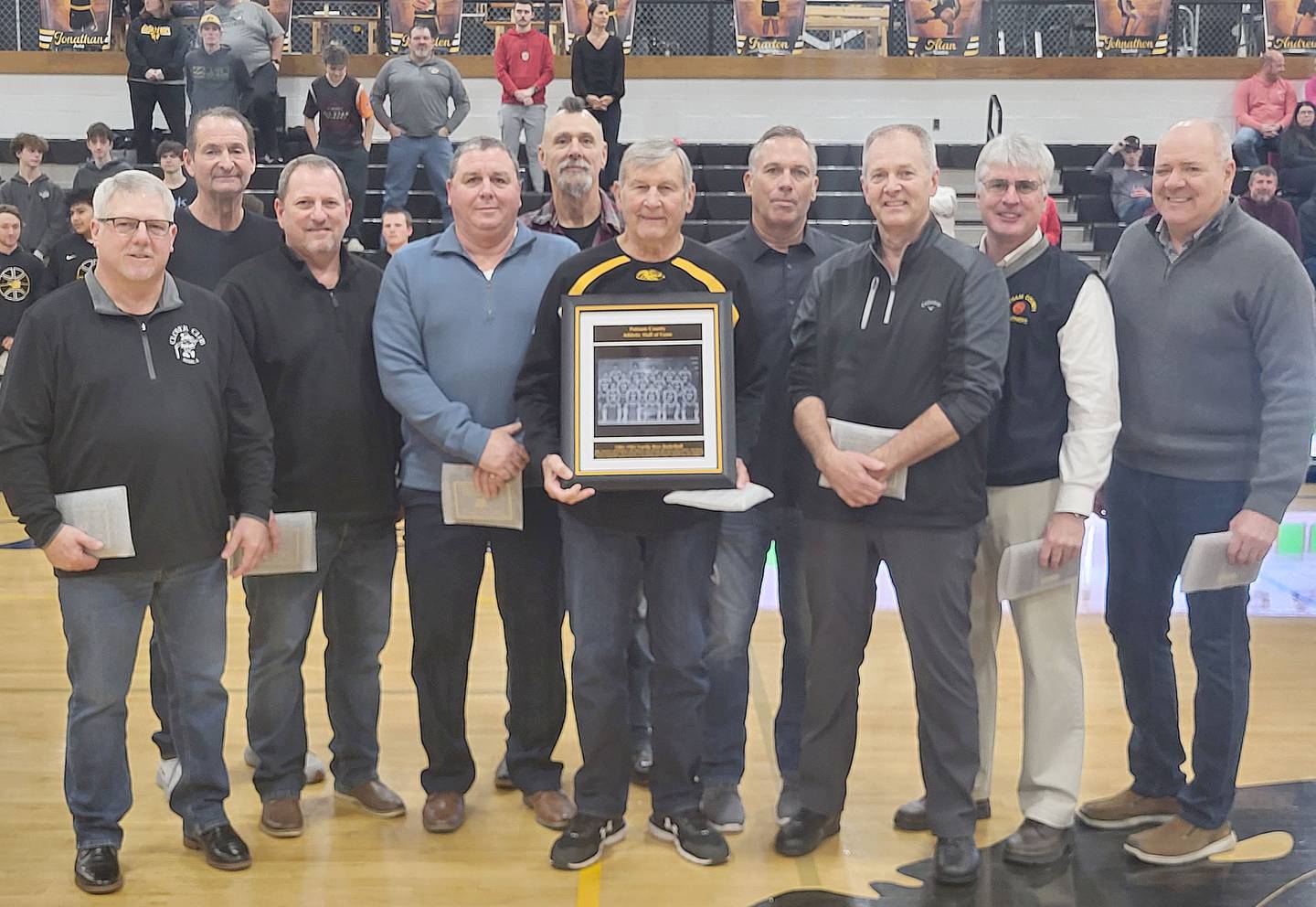The Panthers 1981-82 Sweet Sixteen boys basketball team was inducted into the PCHS Hall of Fame on Friday, Jan. 9. Team members in attendance for the induction ceremony were Mike Moriarty, Harold Fay, Rick Bean, Jeff Aimone, Jeff Edgcomb, Coach Ken Jenkins, Kurt Zellmer, Robert Bean, John "Slick" Slingsby and Ken Migliorni.