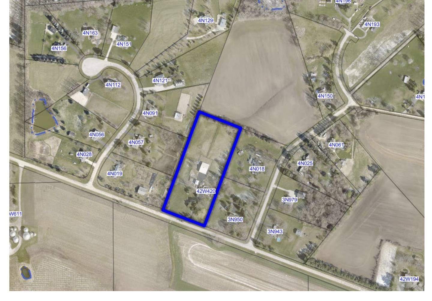 The proposed Headwaters Academy, 42W420 Campton Hills Road, Campton Hills is located on a five-acre site outlined in blue. The applicants are seeking a special use zoning to allow a school in a residential neighborhood. The Campton Hills Planning and Zoning Commission voted 4-2 with one absent not to recommend. The village board will take final action.