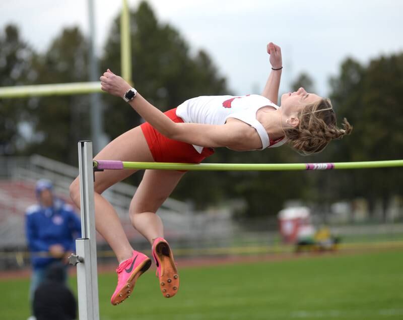 Oregon's Grade Tremble finished fourth in the high jump at the Landers-Loomis Invitational track meet on Friday, April 25, 2025 held at Oregon High School.