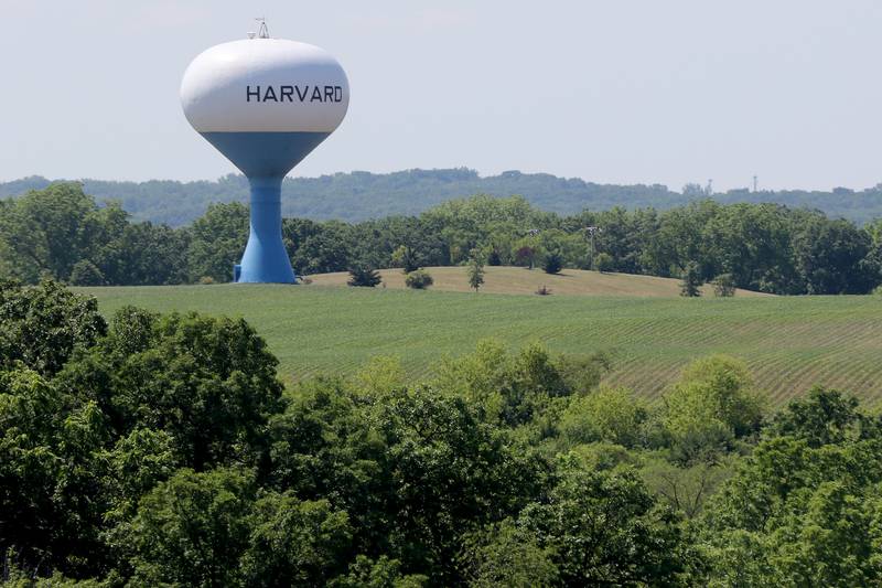 A Harvard water tower is seen from atop the property at the former Motorola headquarters on Thursday, June 10, 2021 in Harvard.