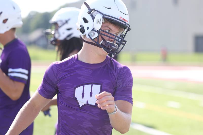 Wilmington’s Colin James runs drills at the Morris 7 on 7 scrimmage. Tuesday, July 19, 2022 in Morris.