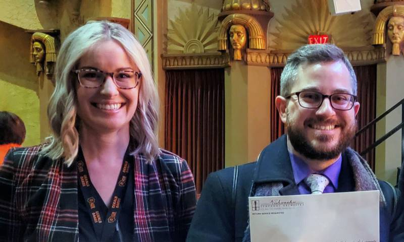 (Left to right); Clinton Rosette Middle School Band educators Marybeth Kurnat and Christopher Komos receiving the Kishwaukee Symphony Orchestra Music Education Outreach Musical Instrument Grants