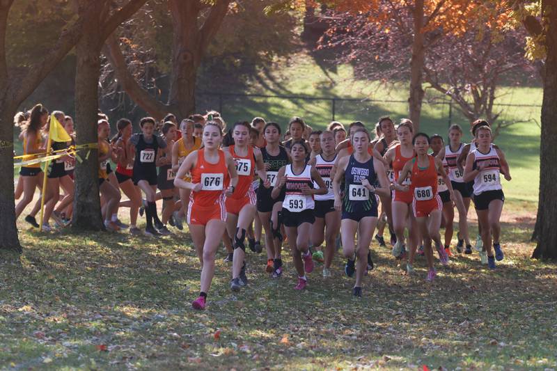 The girls make their first turn in the Girls Cross Country Class 3A Minooka Regional at Channahon Community Park on Saturday.