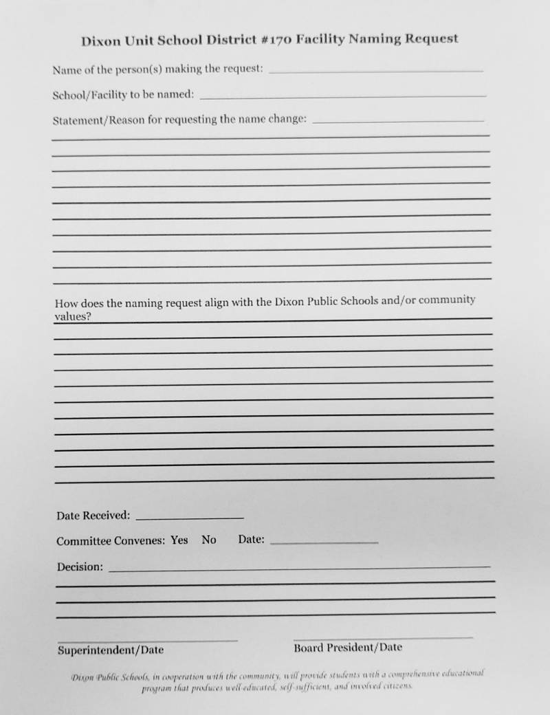 The request form that will be used by persons interested in naming something at Dixon Public Schools.