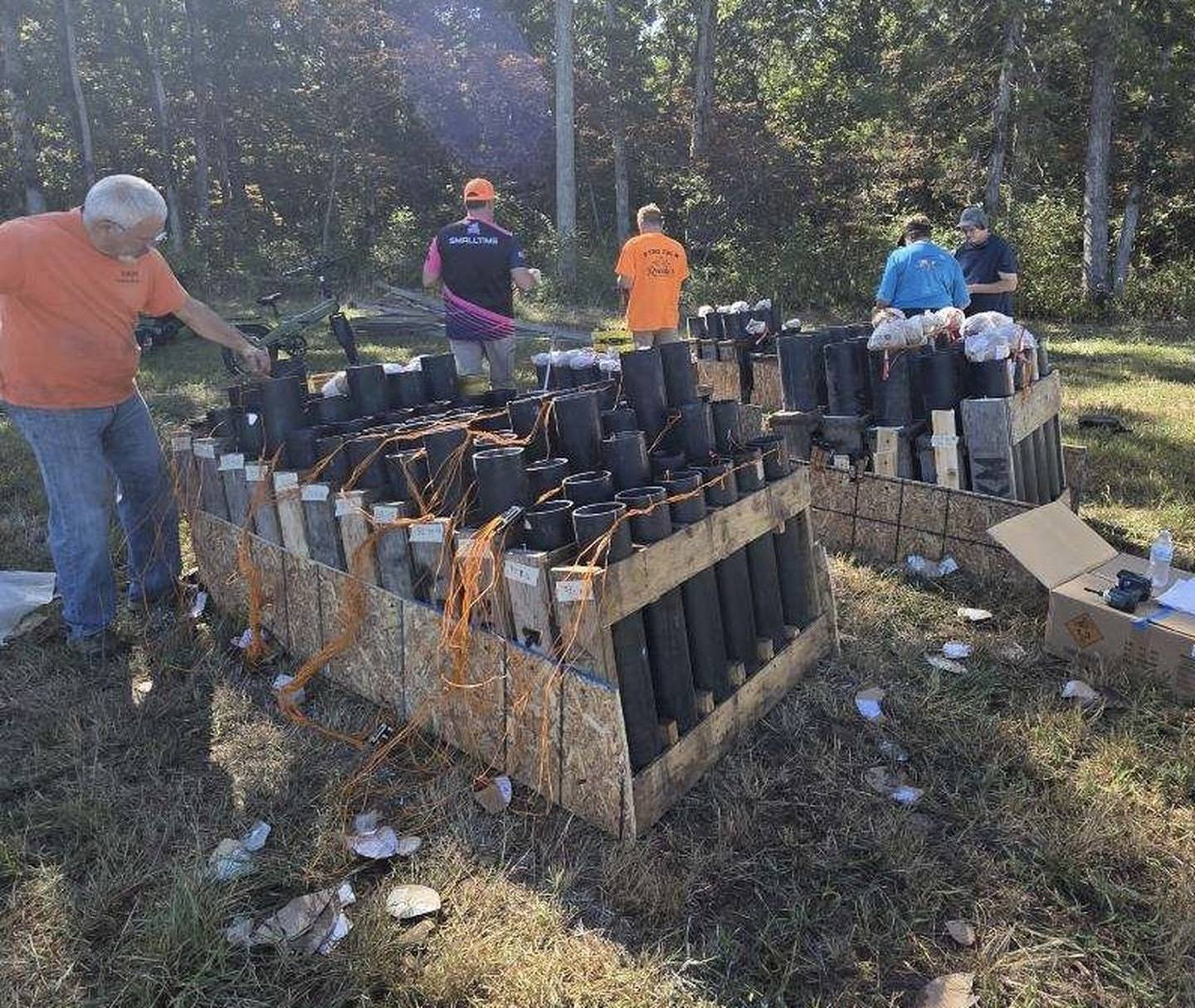 John Mikrut's team prepares for the Star Wars premier national fireworks competition in Innsbruck, Mo.