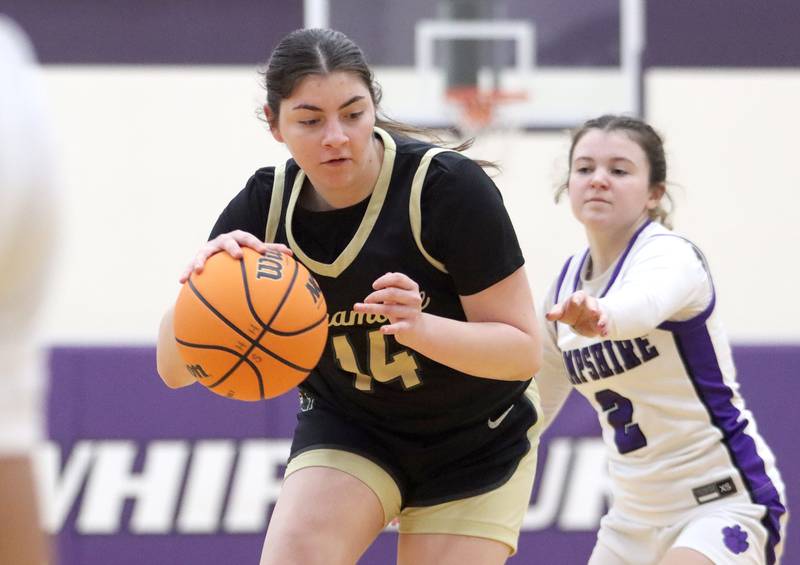 Sycamore’s Norah Chami, left, drives past Hampshire’s Kiley Podzimek in varsity girls basketball on Friday, Jan. 3, 2025, at Hampshire High School in Hampshire.