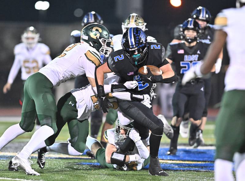 Lincoln-Way East's tight end Trey Zvonar (2) in action during the IHSA Class 8A Quarterfinals game against Stevenson on Friday, Nov. 15, 2024, at Frankfort. (Dean Reid for Shaw Local News)
