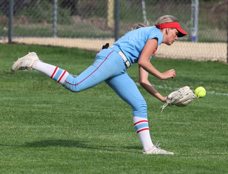 Ottawa's Addy Miller can’t quite make a running catch Monday, May 12, 2025, during their game at Sycamore High School.