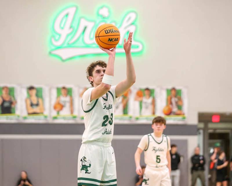 Bishop Mcnamara's Karter Krutsinger (23) shoots a late free throw to help seal the win over Yorkville Christian for the Class 2A Seneca Sectional final basketball championship March 6, 2026 in Senaca.
