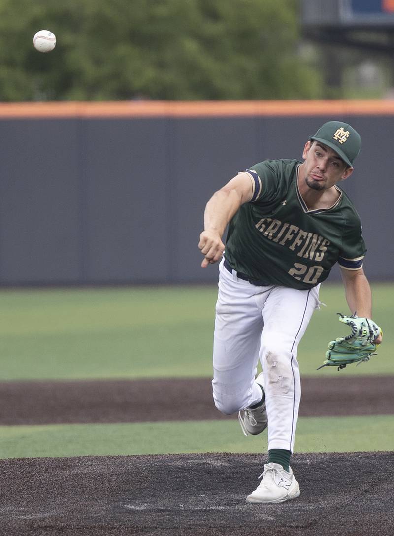 Father McGivney’s Kannon Kamp fires a pitch against Ottawa Marquette Saturday, June 7, 2025, during the Class 1A state baseball final at Illinois Field in Champaign.