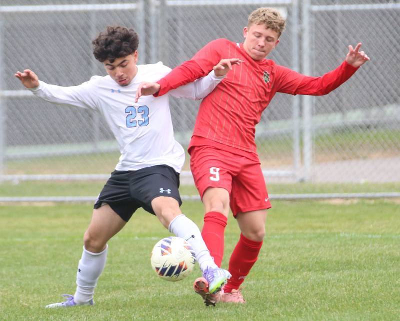 Kankakee's Dylan Tapia Ayala steals the ball away from L-P's Alex Rax during the Class 2A Regional title game on Saturday, Oct. 25, 2025 at Ottawa High School.