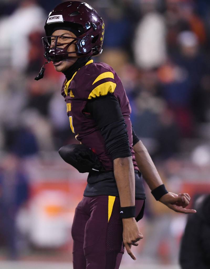 Montini quarterback Israel Abrams (7) gets fired up prior to the start of the IHSA Class 4A state championship game against Rochester on Friday, Nov. 28, 2025 in Normal.
