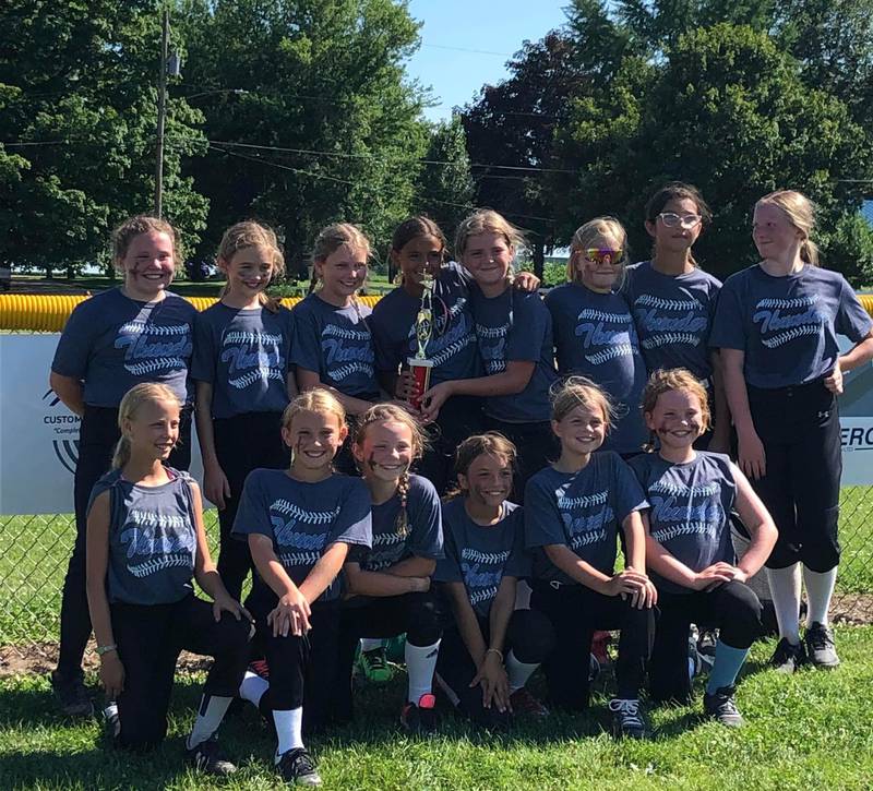 The Walnut Thunder placed third in the C League tournament at Sheffield. Team members are (front row, from left to right) Leah Jameson, Sophia Thurston, Kaylee Jamison, Kinley Gruber, Harper DeMay and Stevie Davis; and (back row) Jemma Cade, Lydia Edlefson, Kaya Olson, Lola King, Lydia Lind, Audree Buske, Gabi Trujillo and Linde Ferrell. Coaches are Brent Jamison, Zach DeMay and Haley Lind.