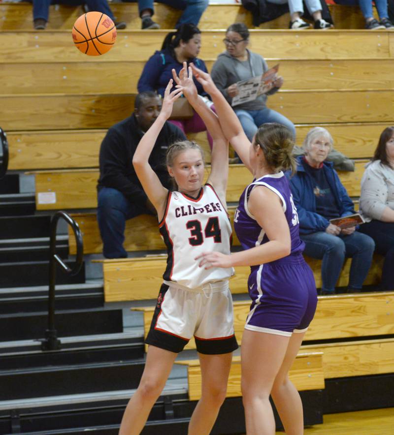 Amboy's Bella Yanos (34) has the ball knocked away by a Rochelle defender at the Oregon Girls Basketball Tip-Off Tournament on Wednesday, Nov. 20, 2024 at the Blackhawk Center in Oregon.
