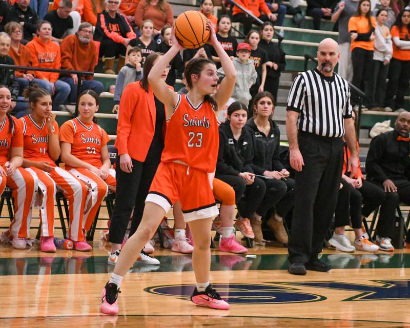 St. Charles East's Tessa Mallon (23) looks for an open teammate during the 4A Sectional championship game on Thursday Feb. 26, 2026, while taking on Glenbard West held at Bartlett High School.