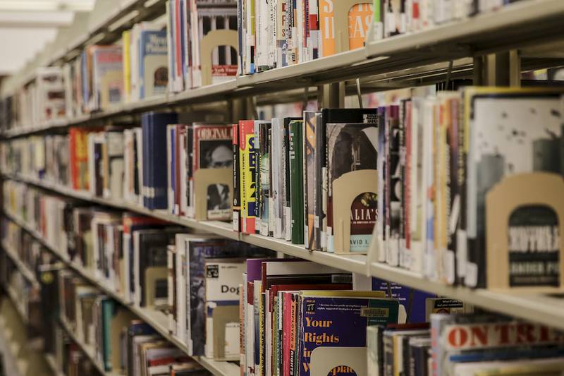 Books sit on shelves on the Joliet Public Library.
