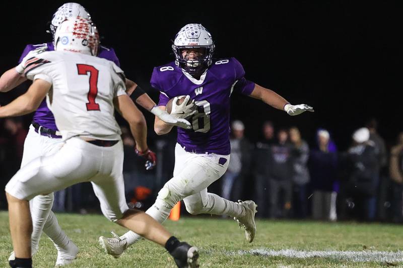 Wilmington’s Kyle Farrell looks to cut back inside against Stillman Valley in the first round of the playoffs on Saturday, Nov. 2, 2024 in Wilmington.