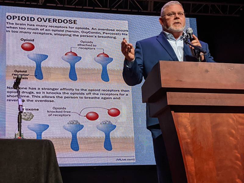 Kane County Coroner Rob Russell  spoke as part of Wednesday’s forum on fentanyl at the Arcada Theatre in St. Charles.