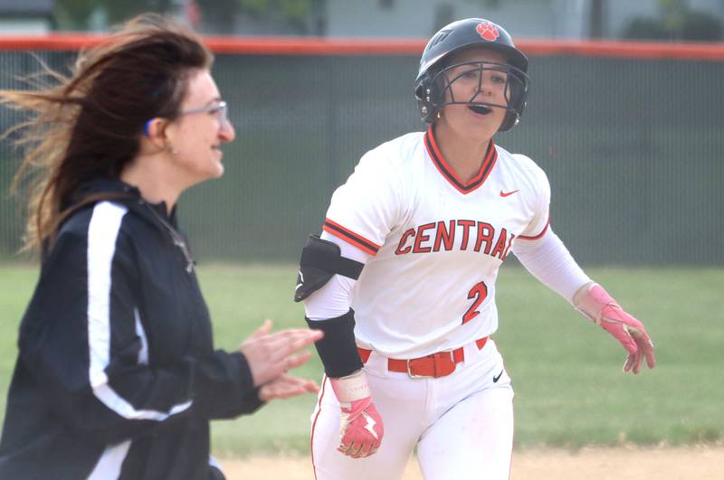 Crystal Lake Central’s Ella Arana rounds third base on a home run against Harvard in varsity softball at Crystal Lake Central High School in Crystal Lake on Monday, May 19, 2025.