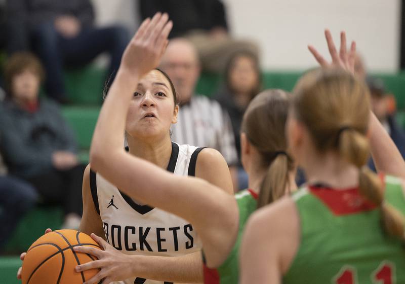 Rock Falls’ Julia Renner eyes the basket against L-P Saturday, Nov. 30, 2024.