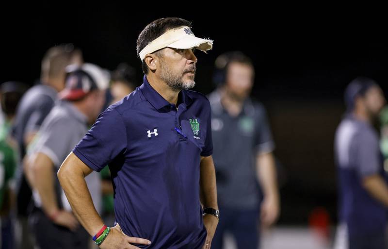 Niles Notre Dame defensive coordinator Dan DeFranza looks on during the Dons' game against St. Patrick this season. The school announced DeFranza will take over the team's head coach next season. Photo courtesy Steve Woltmann/Notre Dame College Prep.