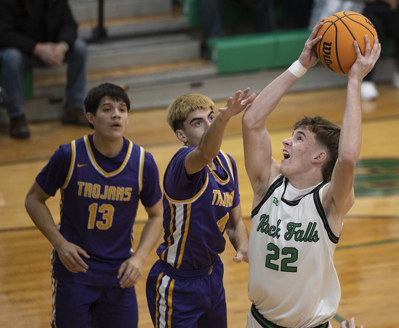 Rock Falls’ Cole Mulnix works against Mendota’s Drew Becker Monday, Dec. 15, 2025.