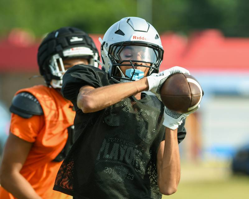 Evan Frieders of Kaneland catches the ball during a joint practice with Oswego on Thursday July 10, 2025, held at Oswego High School.