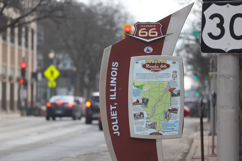 A sign along North Ottawa Street marks historic Illinois Route 66 on Wednesday, Feb. 7th 2024 in Joliet.