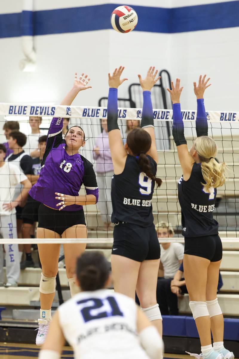 Manteno's Maddie Gesky sends the ball over the net during the Panthers' victory in three sets, 19-25, 25-19, 25-21, over Peotone on Tuesday, Sept. 23, 2025.